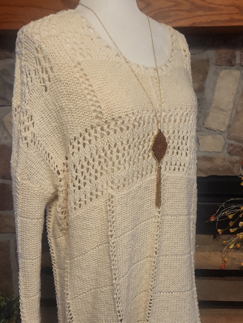 Women's Cream Scoop-Neck Open Knit Sweater With Bonus Necklace - Picture 6 of 14